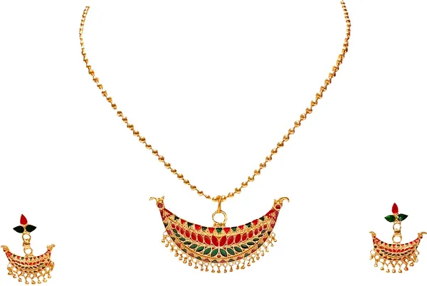 Assamese_Traditional_Gold_Plated_Red_Green_Colour_Joonbiri_Chain_Jewellery_Set_For_Women
